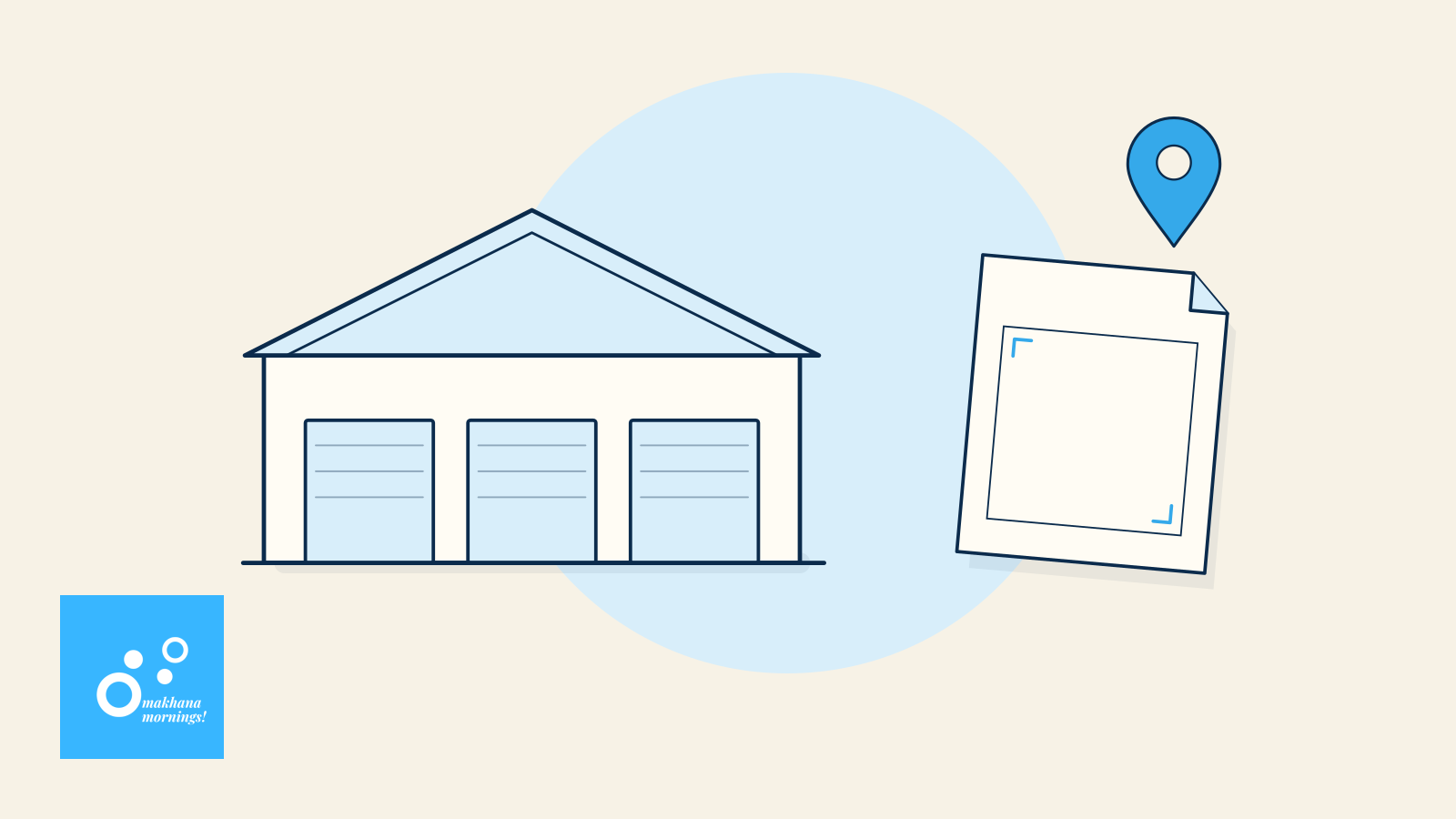 Original conceptual illustration of a warehouse beside a blank floor-plan sheet and a location marker.